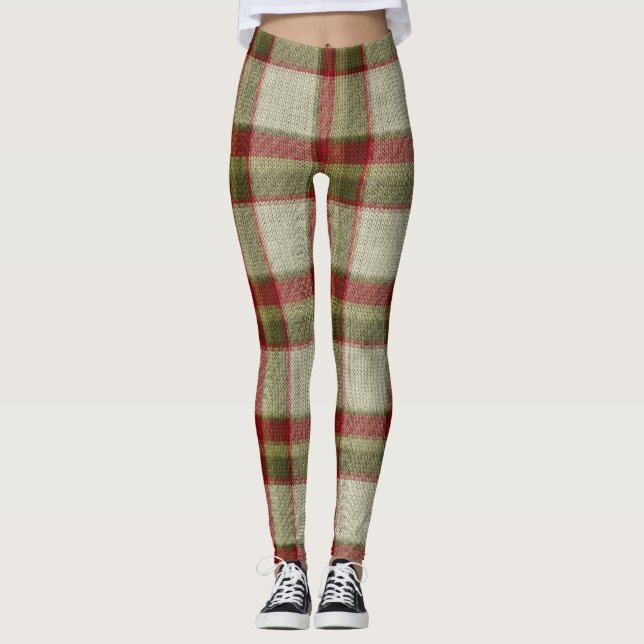 Legging Padrão de tricô verde e Xadrez vermelha de Natal (Frente)