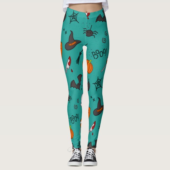 Legging Padrão de Turquesa de Halloween de estilo plano. (Frente)