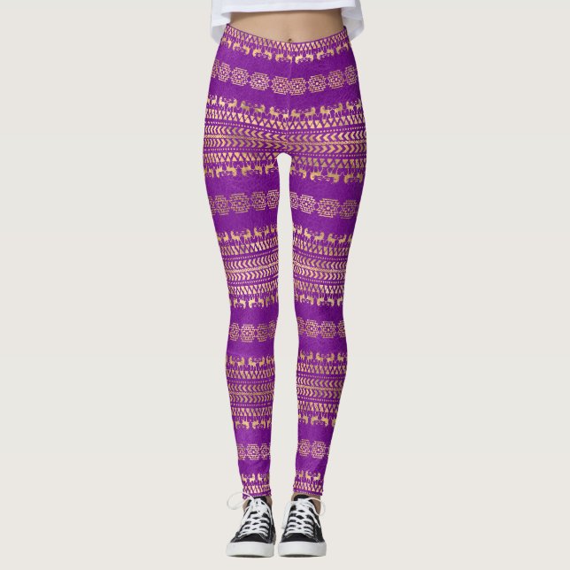 Legging Padrão de Unicórnio Boêmio Roxo e Dourado (Frente)