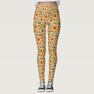 Legging Padrão de Van de Girassol Retro – Boho Hippie Vint