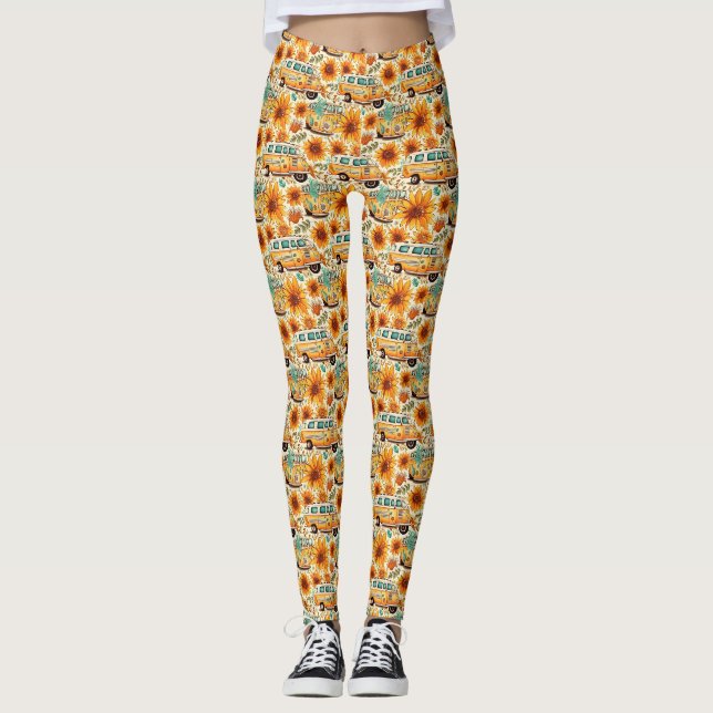 Legging Padrão de Van de Girassol Retro – Boho Hippie Vint (Frente)