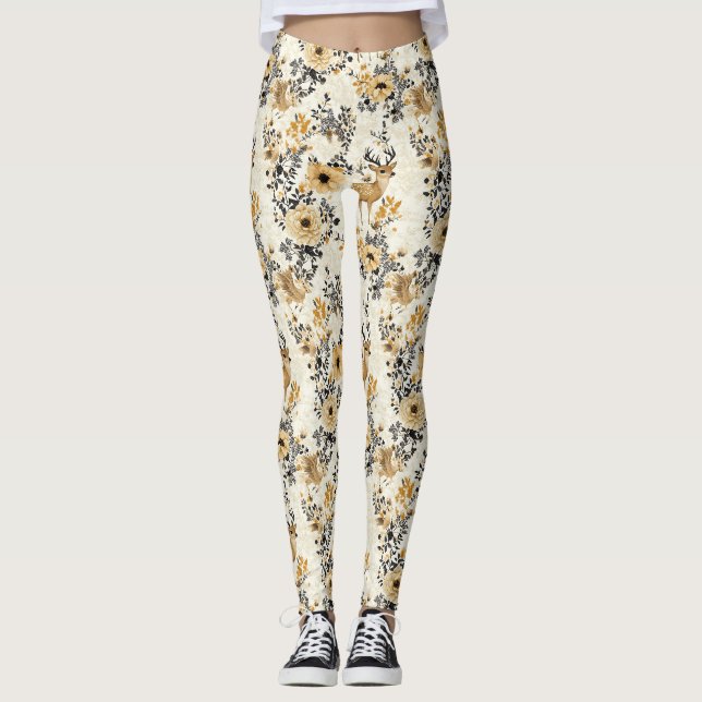 Legging Padrão de Veado Floral Vintage (Frente)