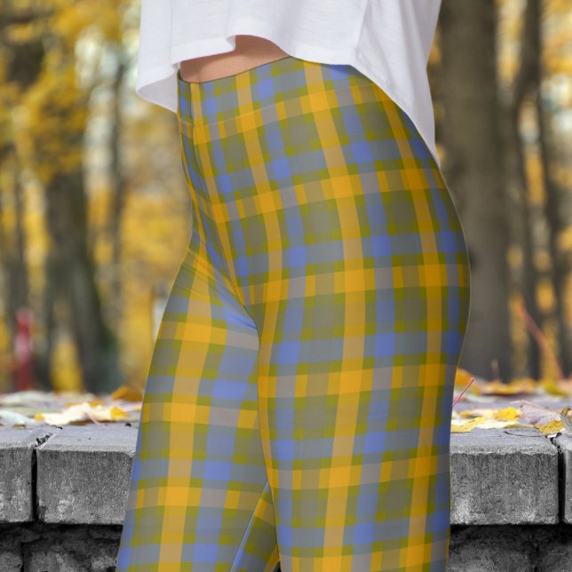 Legging Padrão de Verificação de Azul e Azul (Chic Olive and Blue Check Pattern Leggings)