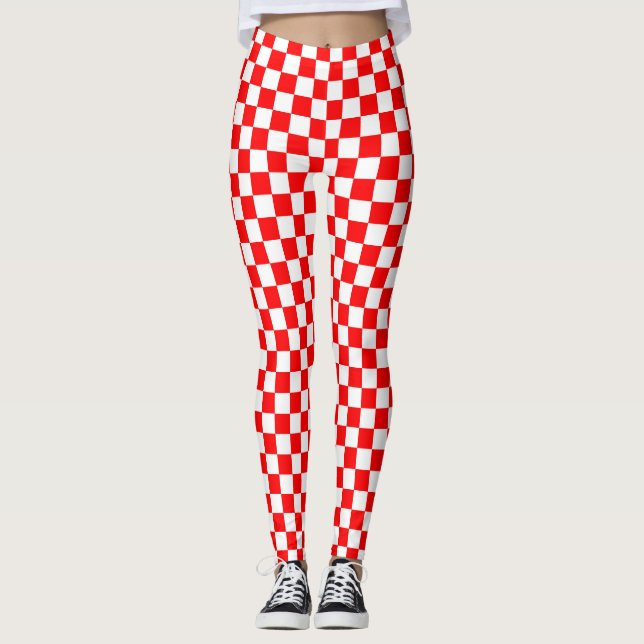 Legging Padrão de Verificação de Branco Vermelho (Frente)