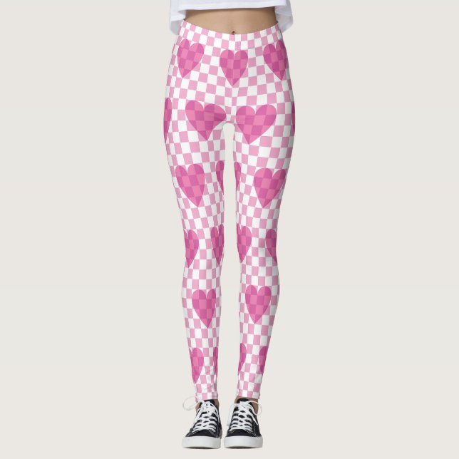 Legging Padrão de verificação de coração rosa plano (Frente)