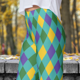 Legging Padrão de Verificação de Harlequin Verde e Amarelo