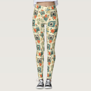 Legging Padrão de Vintage Floral & Camera
