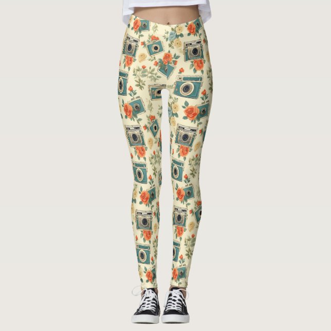 Legging Padrão de Vintage Floral & Camera (Frente)