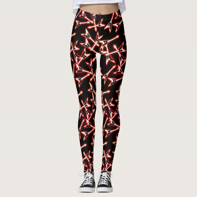 Legging Padrão de Violão Elétrico de Metal Vermelho e Negr (Frente)