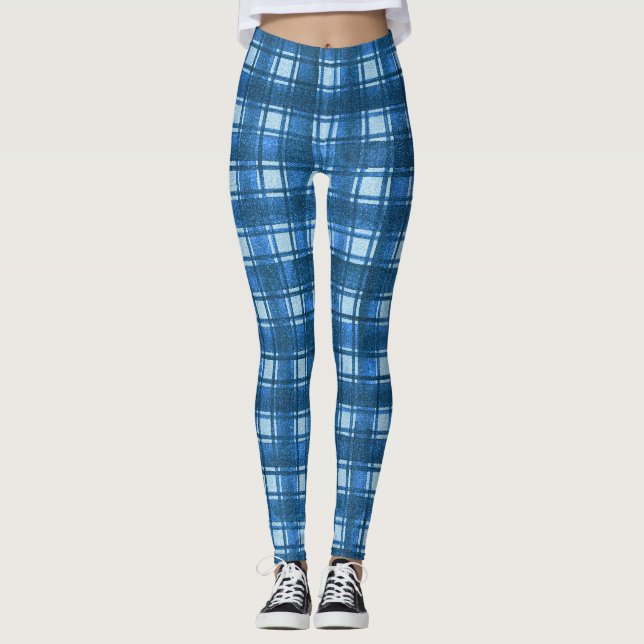 Legging Padrão de Xadrez de Denim Moderno Azul e Branco (Frente)