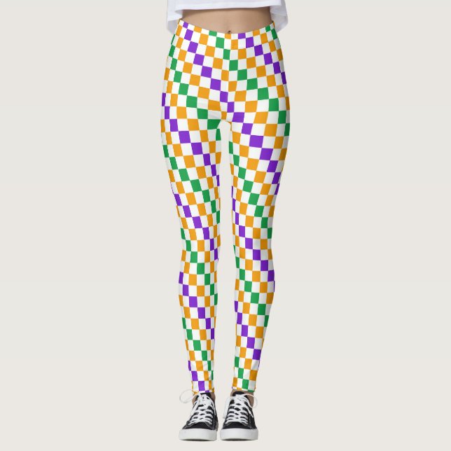Legging Padrão de xadrez diagonal de Mardi gras (Frente)
