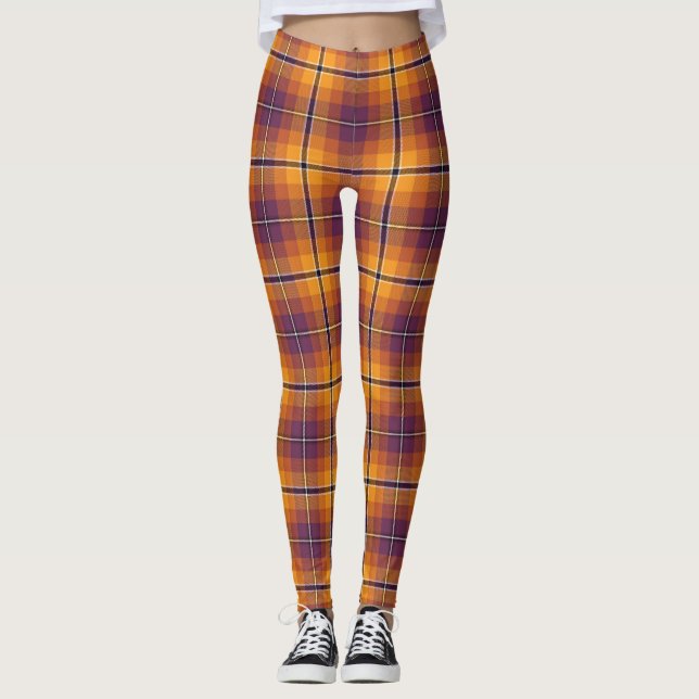 Legging Padrão de Xadrez do Halloween Laranja e Roxo (Frente)