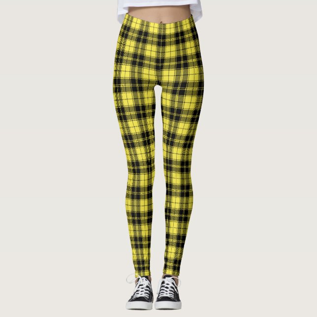 Legging Padrão de Xadrez do Tartan Preto Amarelo  (Frente)