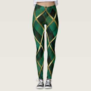 Legging Padrão De Xadrez Dourada E Verde De Natal