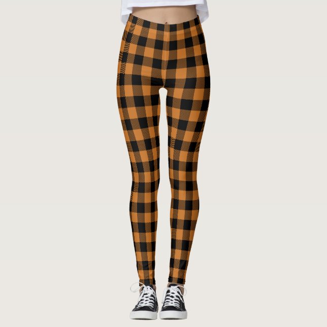 Legging padrão de xadrez laranja de abóbora (Frente)