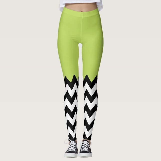Legging Padrão de ziguezague preto e branco, Chevron, verd (Frente)