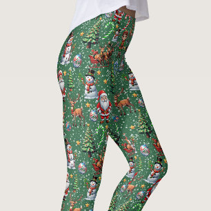 Legging Padrão Decorativo de Natal com Fundo Verde