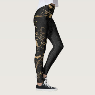 Legging Padrão Decorativo Preto e Dourado