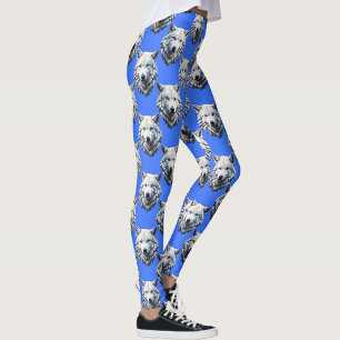 Legging Padrão Design Azul da Cabeça do Lobo Branco