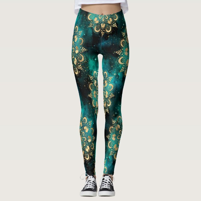 Legging Padrão Dharma Mandala da Galáxia Dourada e Verde (Frente)