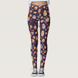 Legging Padrão Divertido de Ovos e Flores de Páscoa