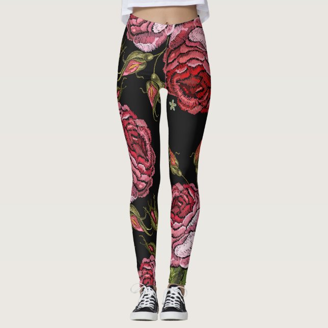 Legging Padrão do bordado da Rosa vermelha de vinheta (Frente)
