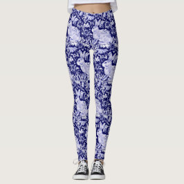 Legging Padrão do Coelho Azul Escuro Pássaro Branco Floral