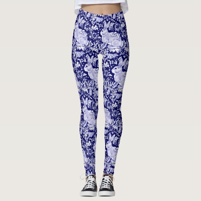 Legging Padrão do Coelho Azul Escuro Pássaro Branco Floral (Frente)