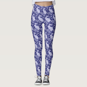 Legging Padrão do Coelho Azul Escuro Pássaro Branco Floral