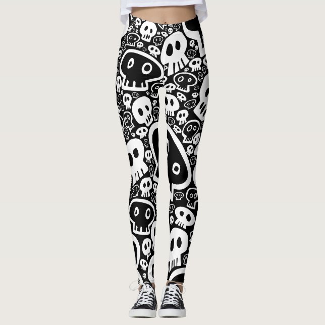 Legging Padrão do crânio branco em preto (Frente)