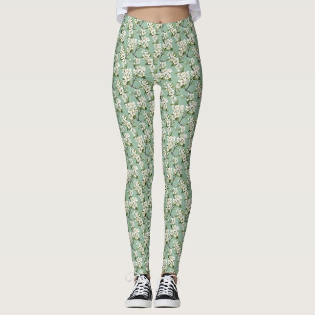 Legging Padrão do Flor Branco Elegante no Verde do Sábio P (Frente)