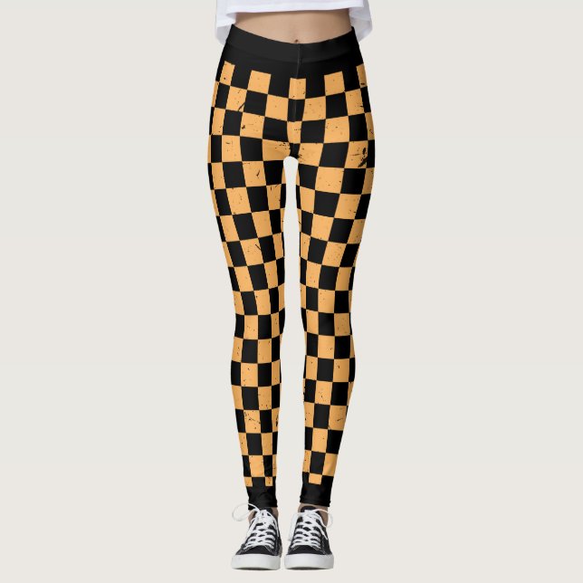 Legging Padrão do quadro de verificação em laranja e preto (Frente)