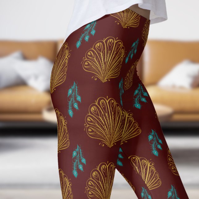 Legging Padrão do ventilador do Peacock Vermelho Elegante  (Peacock Fan on Bulgarian Rose Leggings)