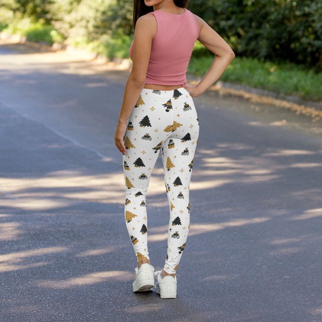 Legging Padrão Dourado da árvore de Natal Preto (Criador carregado)