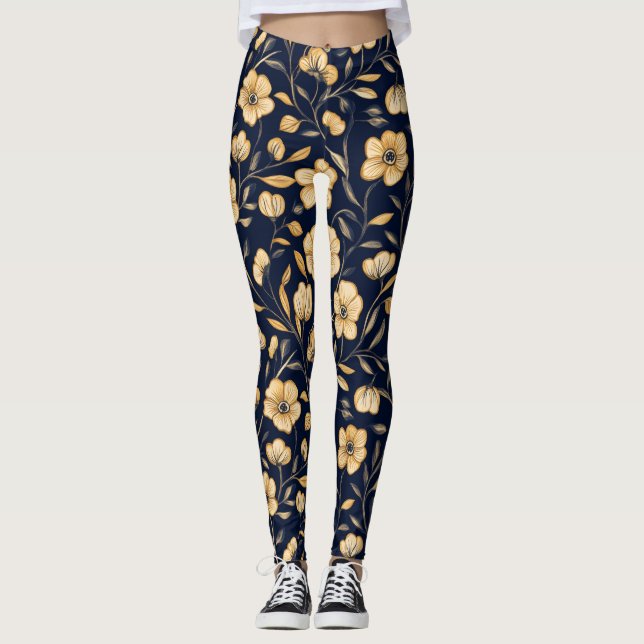 Legging Padrão Dourado da Flor Elegante (Frente)
