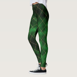 Legging Padrão Dourado de Diamante Verde Elegante