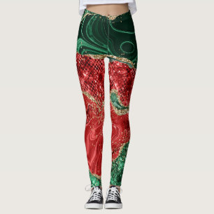 Legging Padrão Dourado de Natal verde e glama vermelho