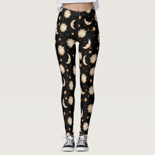 Legging Padrão Dourado de Sol Celestial e Lua