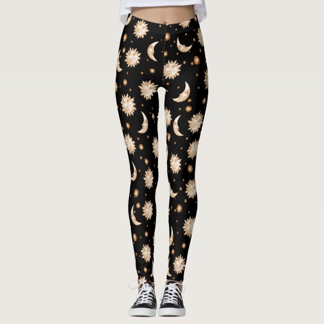 Legging Padrão Dourado de Sol Celestial e Lua (Frente)