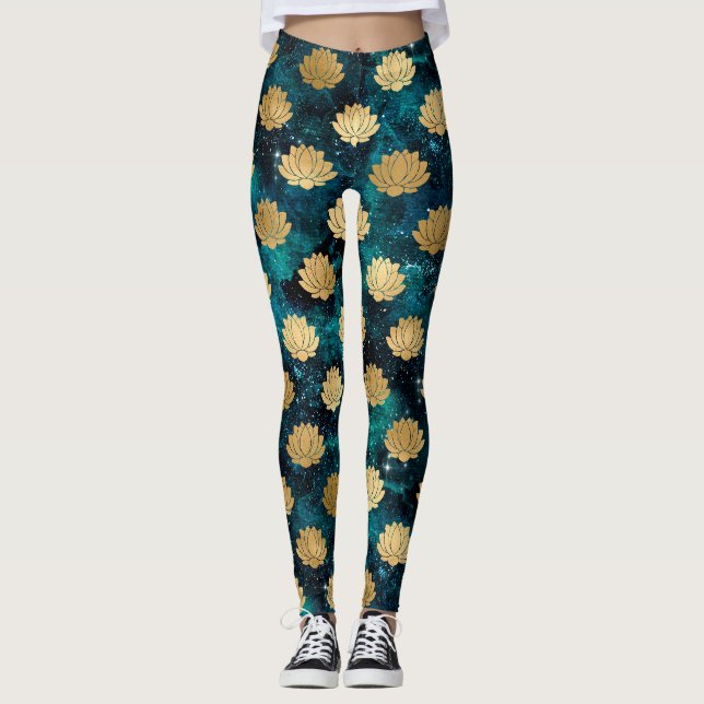 Legging Padrão Dourado e escuro da Galáxia Verde Dharma Ma (Frente)