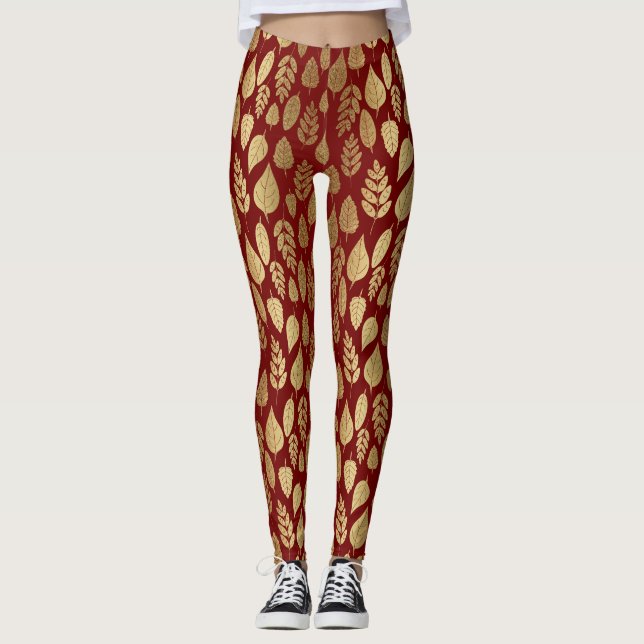 Legging Padrão Dourado e vermelho de folha (Frente)