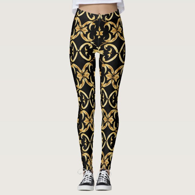 Legging Padrão Dourado preto clássico (Frente)