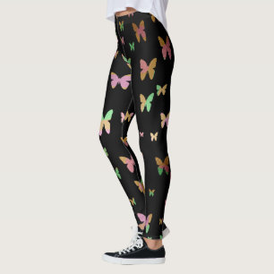 Legging padrão elegante de borboleta dourada rosa dourada