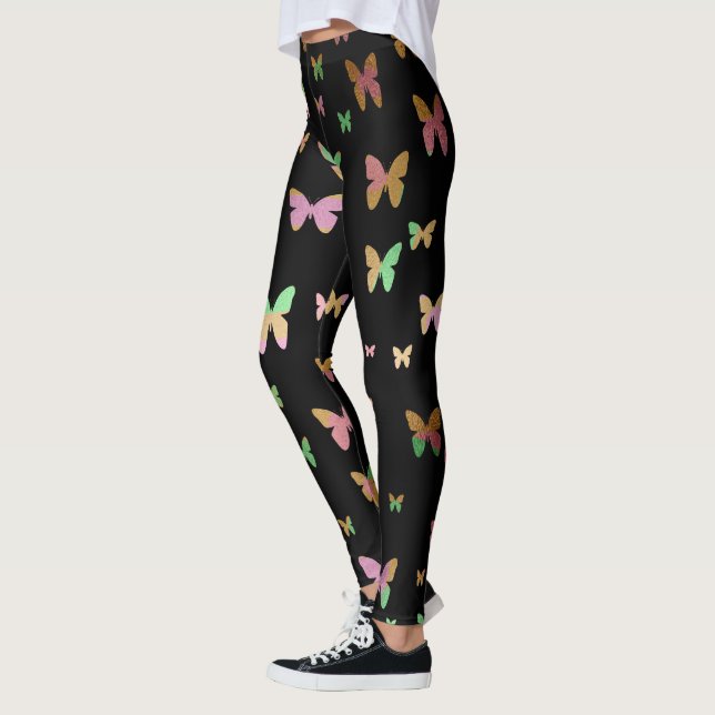 Legging padrão elegante de borboleta dourada rosa dourada (Esquerda)