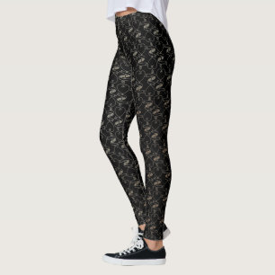 Legging Padrão Elegante de Corações Dourados e Chaves M