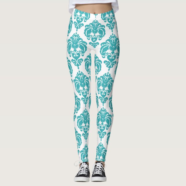 Legging Padrão Elegante Moderno Chic Damasco Verde Azul e  (Frente)
