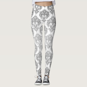 Legging Padrão Elegante Moderno do Damasco Branco e Silver