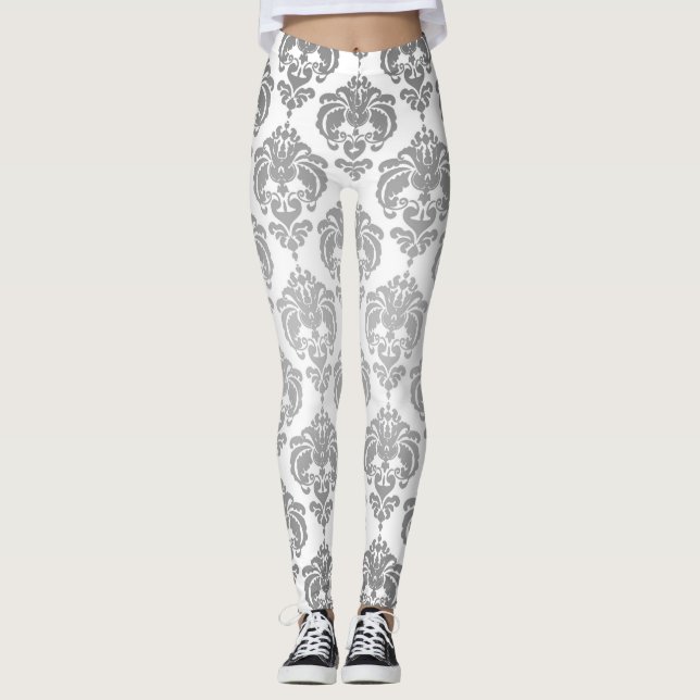 Legging Padrão Elegante Moderno do Damasco Branco e Silver (Frente)