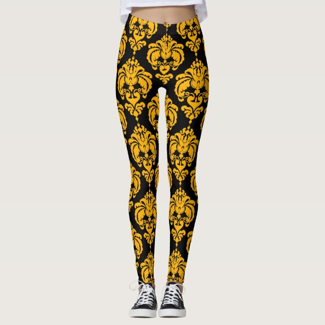 Legging Padrão Elegante Moderno do Quic Damasco Amarelo e  (Frente)