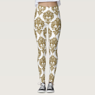 Legging Padrão Elegante Moderno e Dourado Damasco Branco